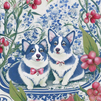 Chinoiserie Classic Sweet Corgi Pups with Pink Flowers - Your Photo Candle